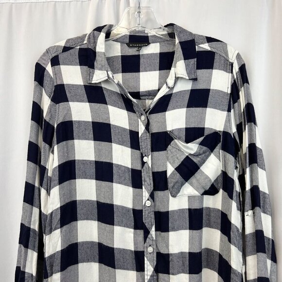 Staccato Women’s Long Roll Tab Sleeve Button Down Top Navy/White Check S - Picture 2 of 8